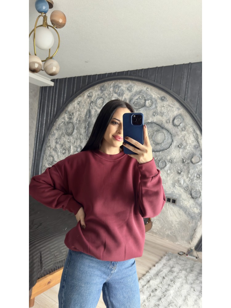 Pervin Çelik Kadın Premium Kalite Bisiklet Yaka Bordo Düz Basic Şardonlu Sweatshirt
