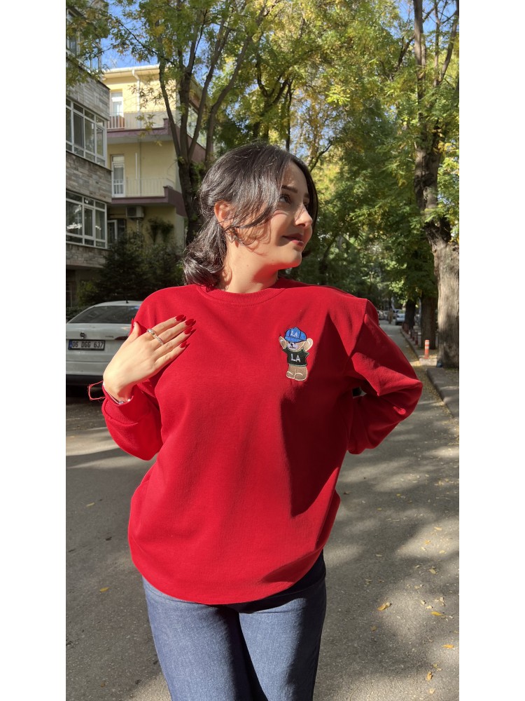 Kırmızı Orijinal Marka Nakış Ayıcık Detaylı Sweatshirt