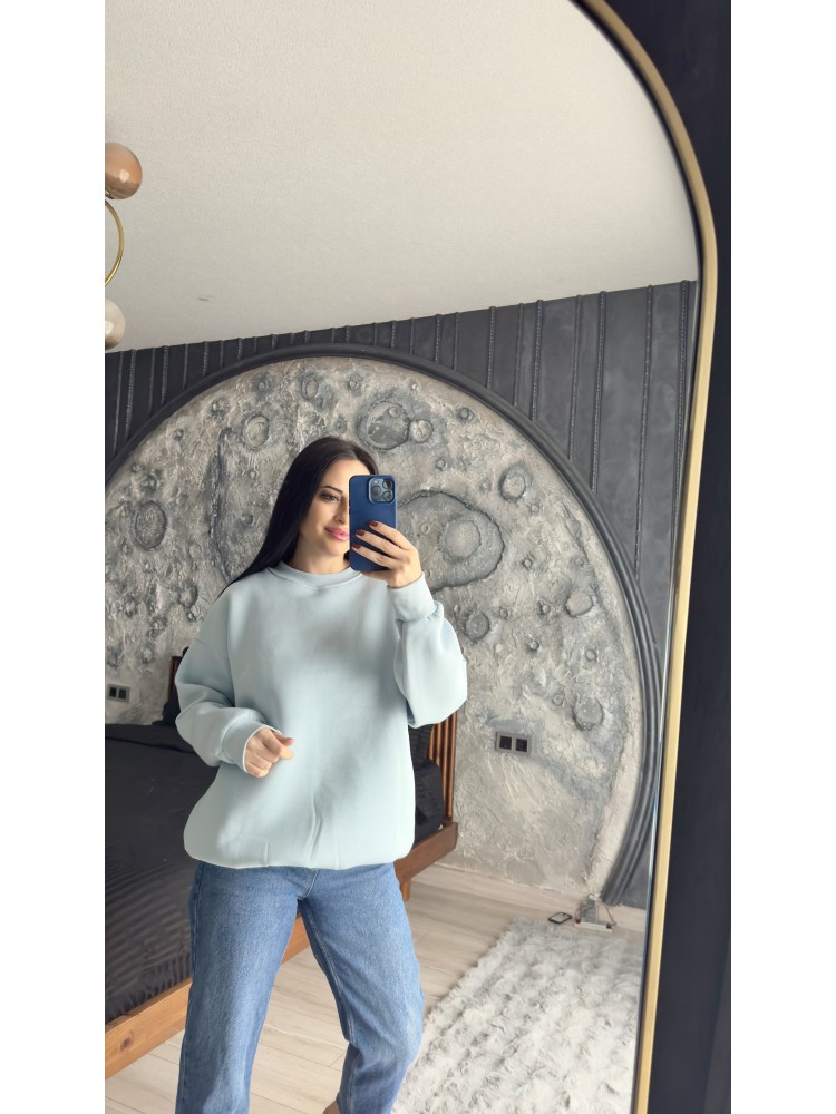 Pervin Çelik Kadın Premium Kalite Bisiklet Yaka Bebe Mavisi Düz Basic Şardonlu Sweatshirt