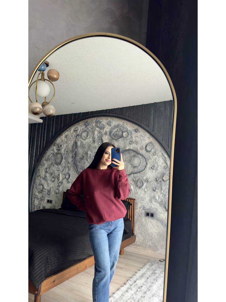 Pervin Çelik Kadın Premium Kalite Bisiklet Yaka Bordo Düz Basic Şardonlu Sweatshirt
