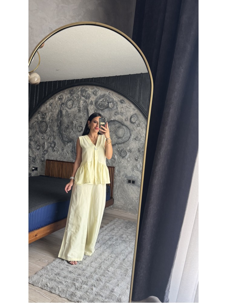 Pervin Çelik Premium Kalite Sarı Yelek Pantolon Keten Takım