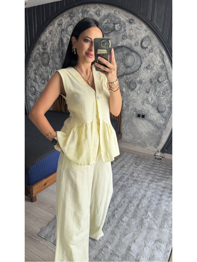 Pervin Çelik Premium Kalite Sarı Yelek Pantolon Keten Takım