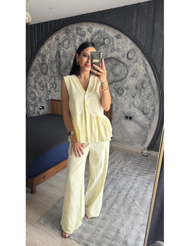 Pervin Çelik Premium Kalite Sarı Yelek Pantolon Keten Takım