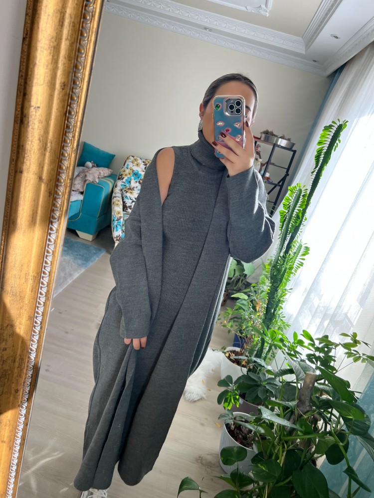 Premium Kalite Gri İkili Triko Takım Elbise Hırka