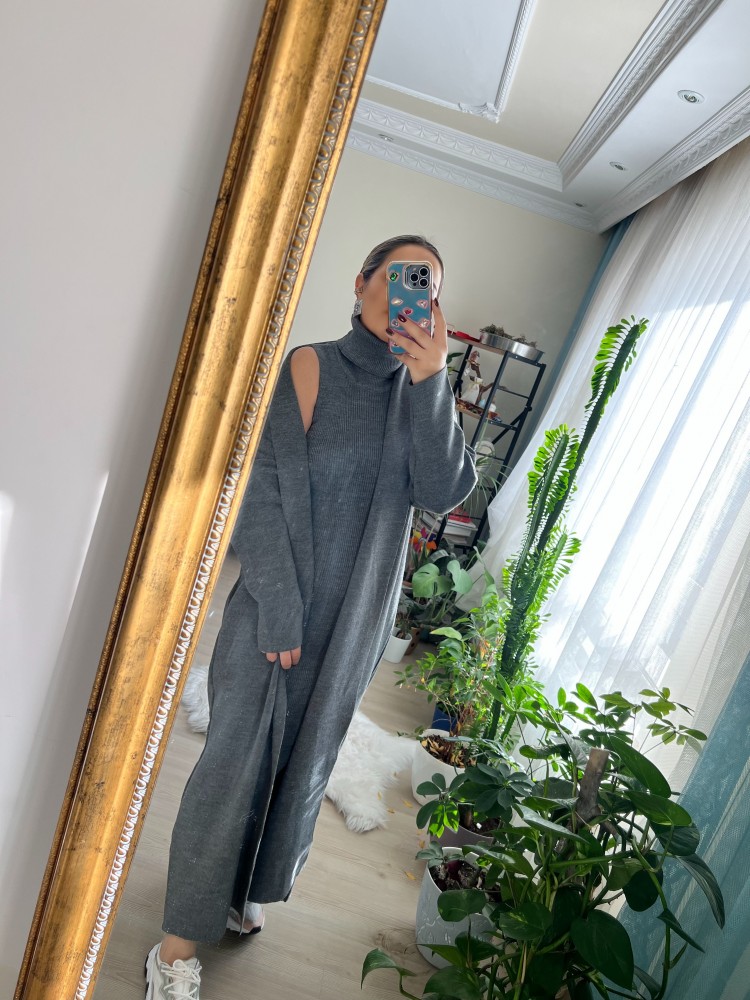 Premium Kalite Gri İkili Triko Takım Elbise Hırka