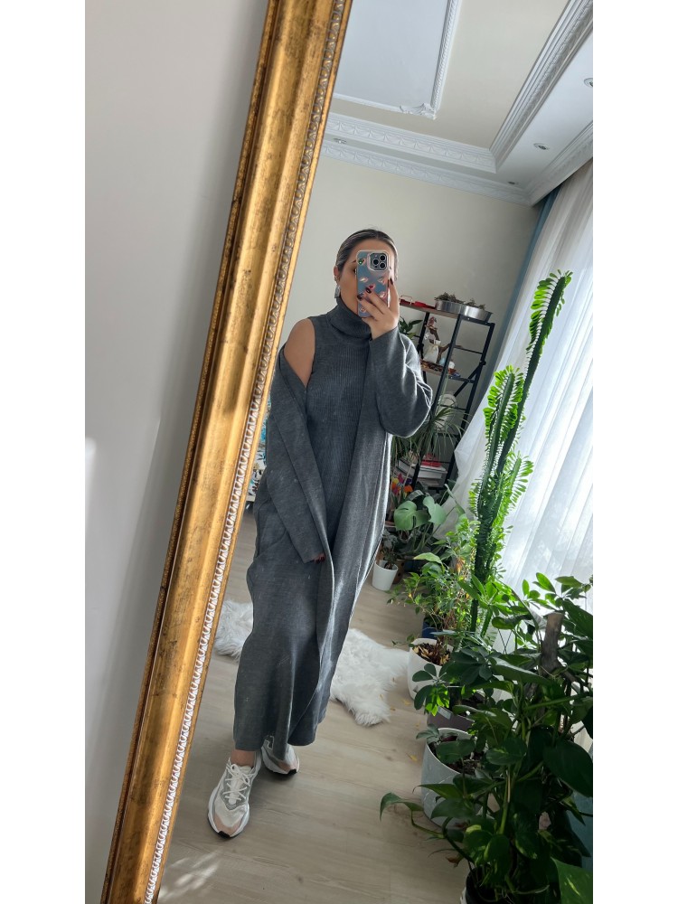 Premium Kalite Gri İkili Triko Takım Elbise Hırka