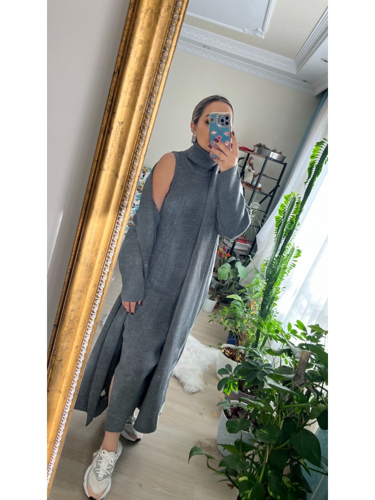 Premium Kalite Gri İkili Triko Takım Elbise Hırka