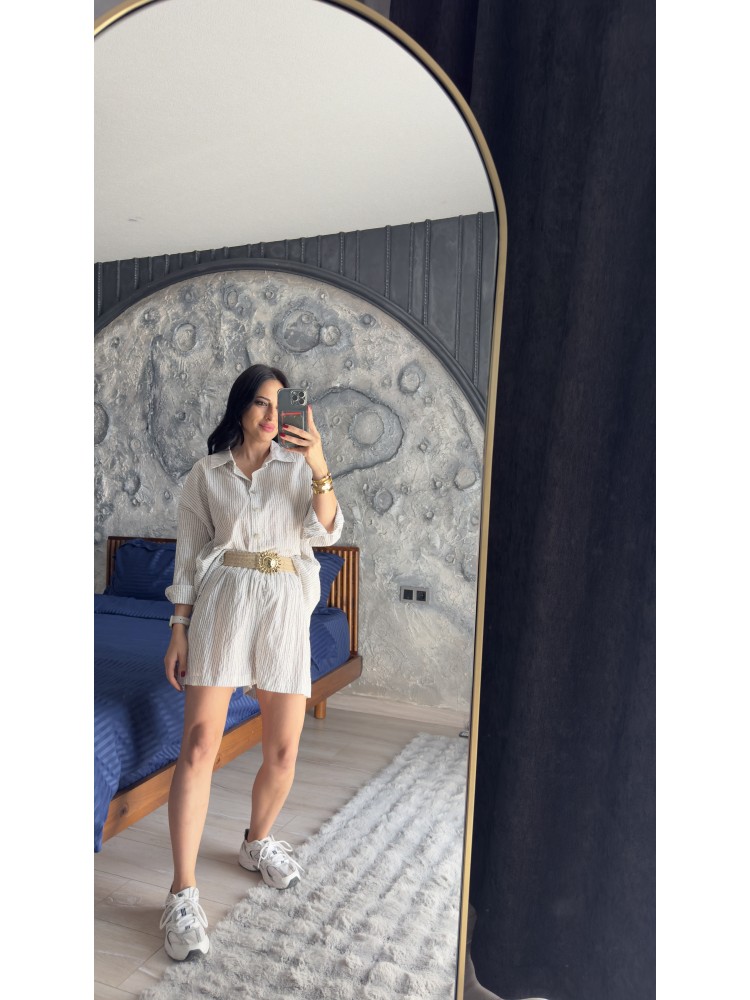 Pervin Çelik Premium Kalite Kemer Detaylı Gömlek Şort Takım……