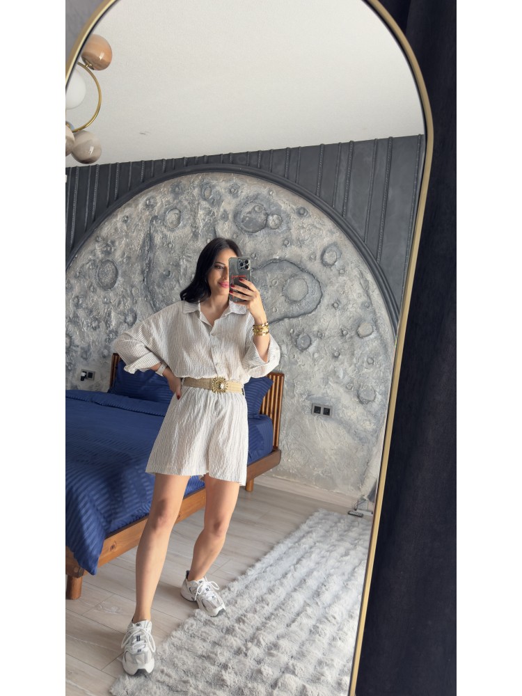 Pervin Çelik Premium Kalite Kemer Detaylı Gömlek Şort Takım……