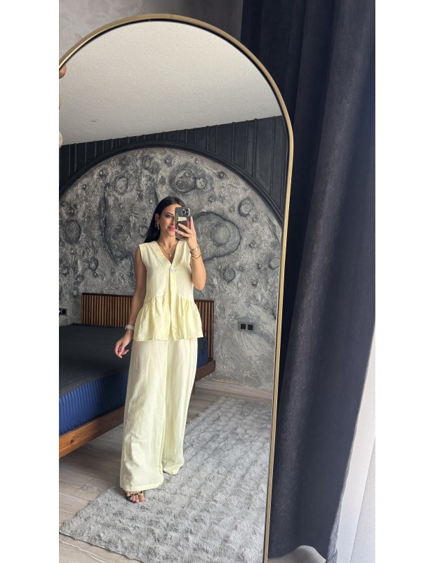 Pervin Çelik Premium Kalite Sarı Yelek Pantolon Keten Takım