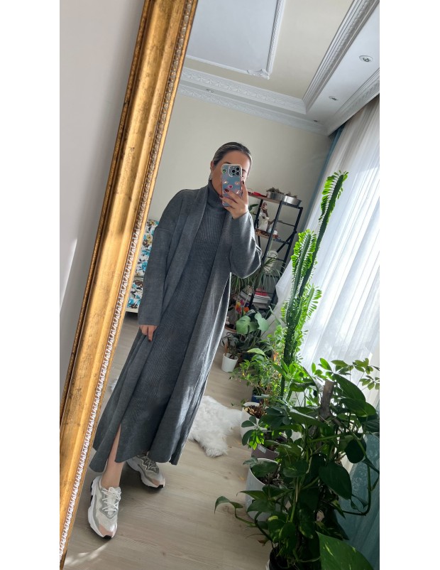 Premium Kalite Gri İkili Triko Takım Elbise Hırka