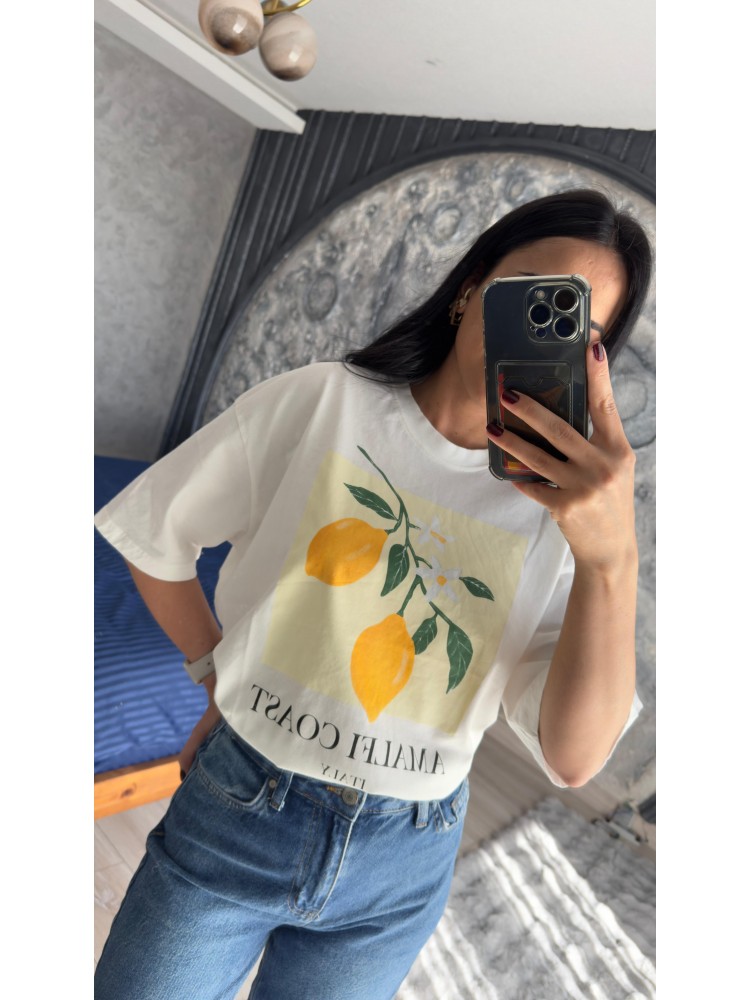 Premium Kalite Ekru Limon Baskılı  Bisiklet Yaka Tişört