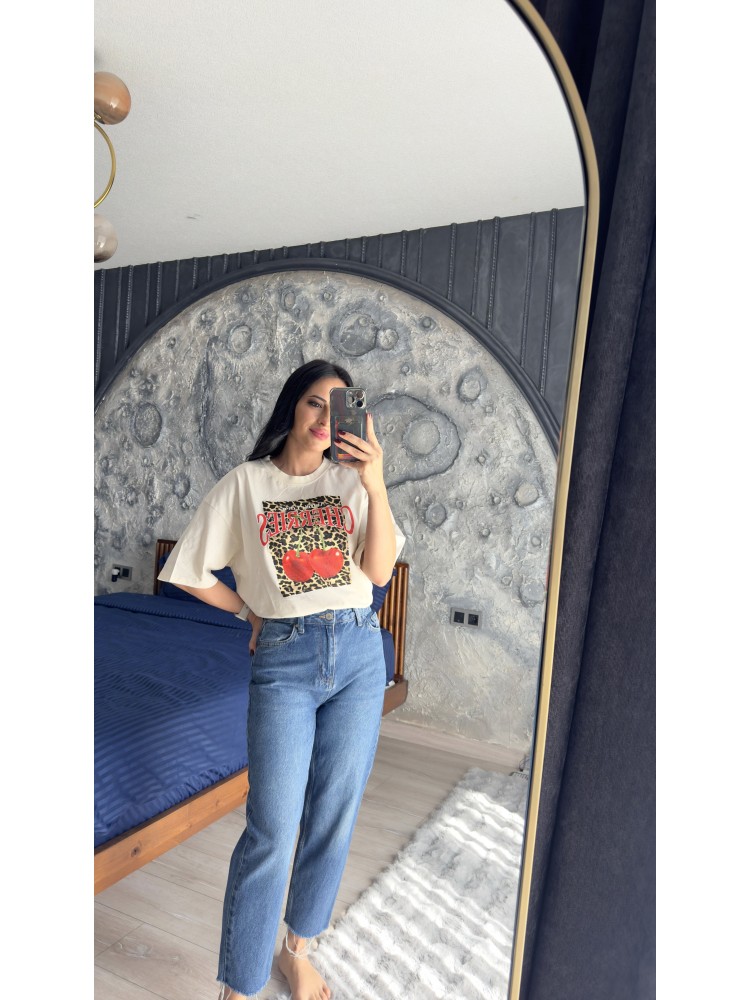 Premium Kalite Ekru Kiraz Leopar Baskılı  Bisiklet Yaka Tişört