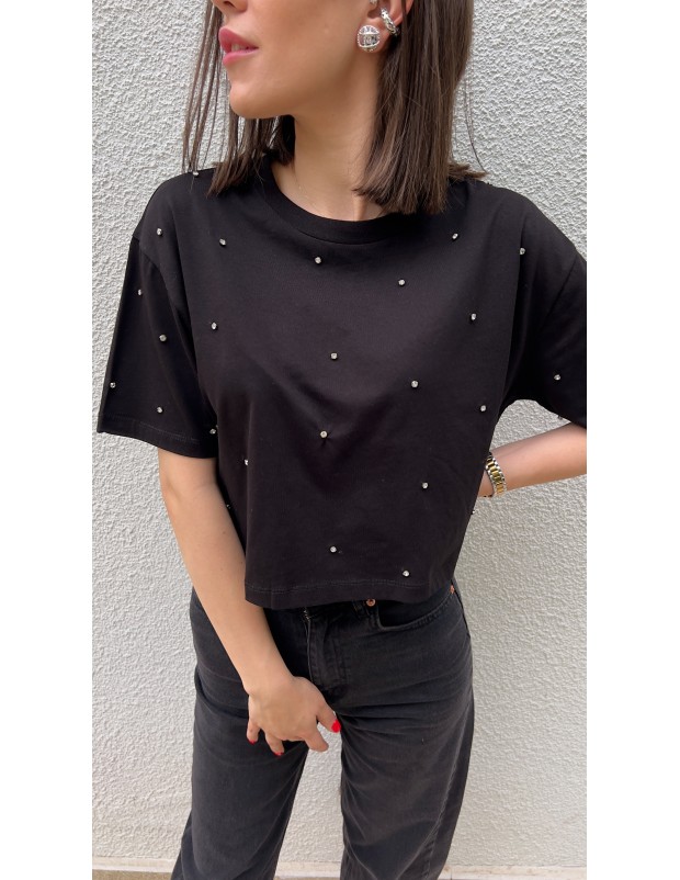 Pervin Çelik Kadın Premium Kalite Siyah Bisiklet Yaka Taşlı Crop Tişört