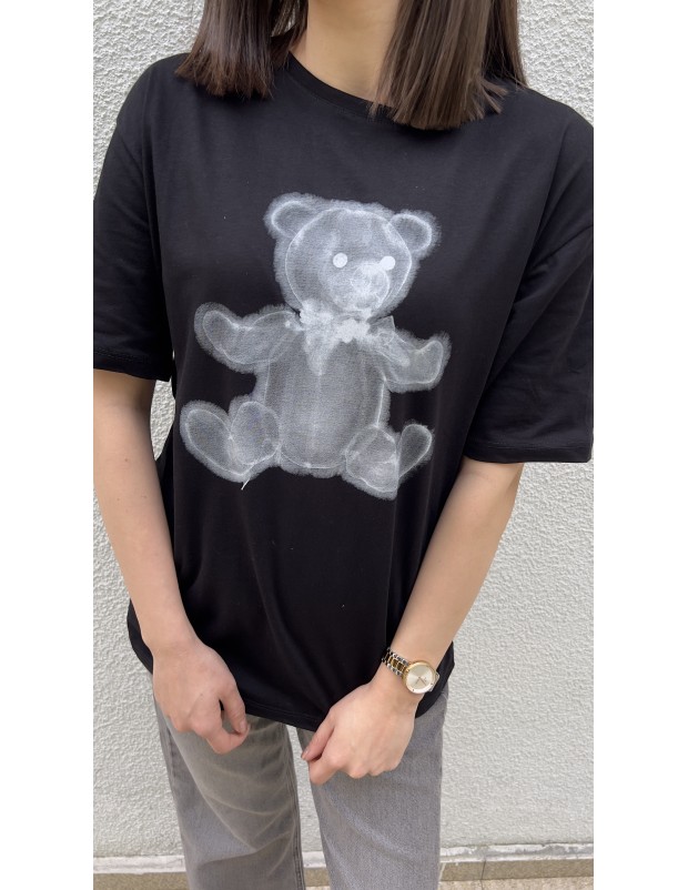 Pervin Çelik Kadın Siyah Ayıcık Detaylı Bisiklet Yaka Tişört