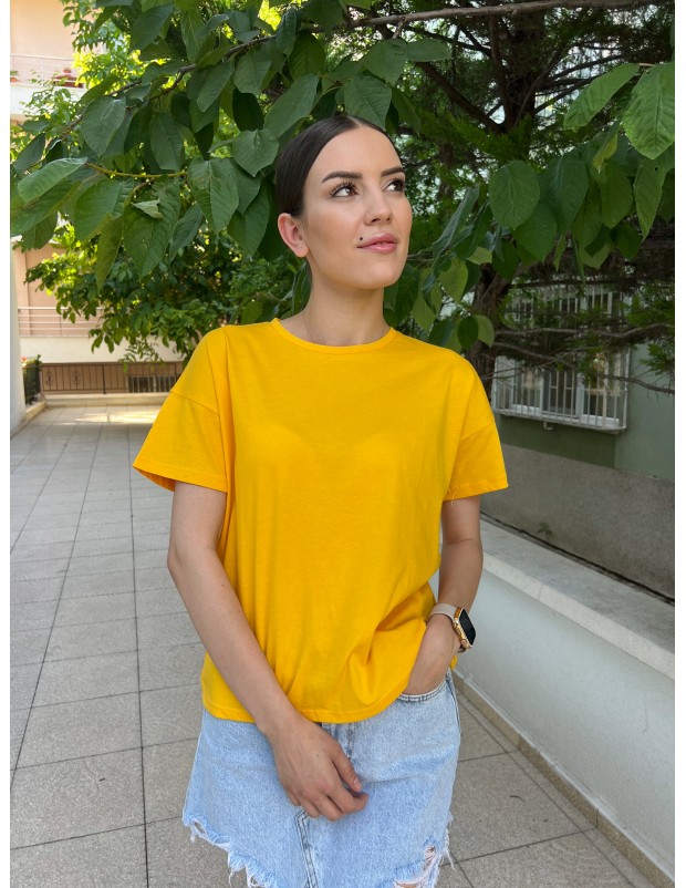 Pervin Çelik Kadın Premium Kalite Sarı Bisiklet Yaka  Basic Tişört