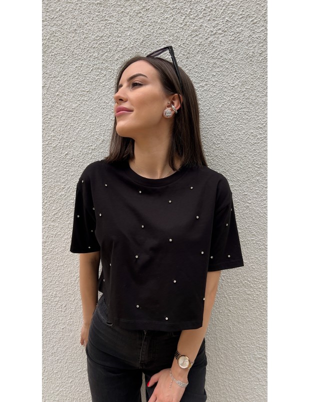 Pervin Çelik Kadın Premium Kalite Siyah Bisiklet Yaka Taşlı Crop Tişört