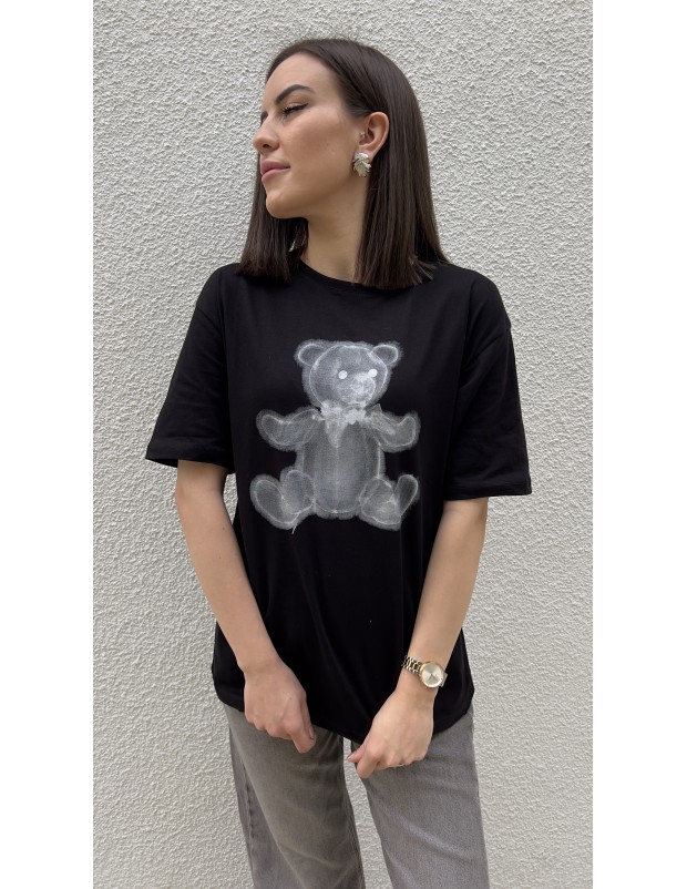 Pervin Çelik Kadın Siyah Ayıcık Detaylı Bisiklet Yaka Tişört