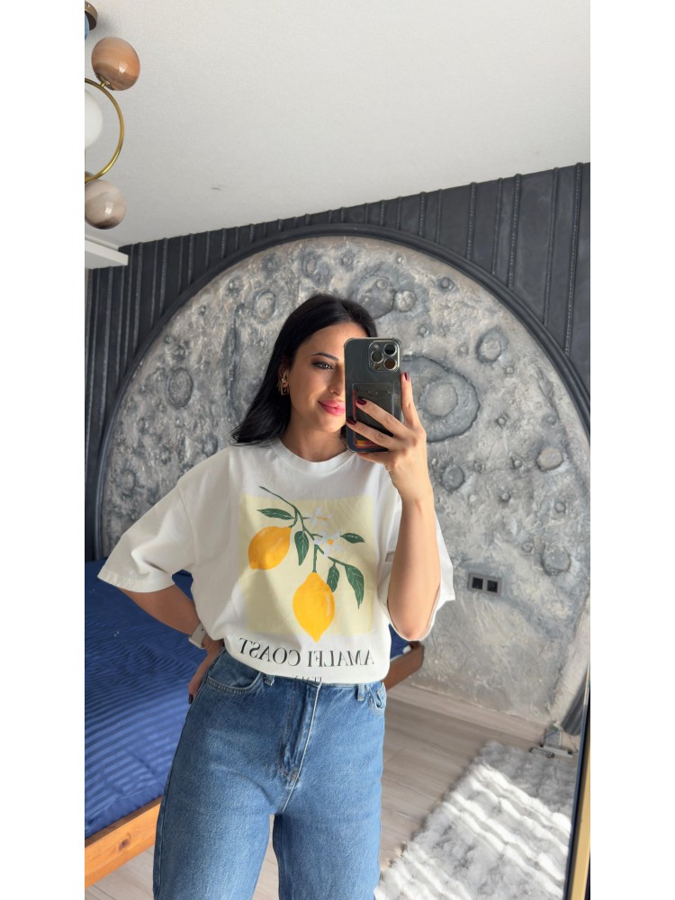 Premium Kalite Ekru Limon Baskılı  Bisiklet Yaka Tişört
